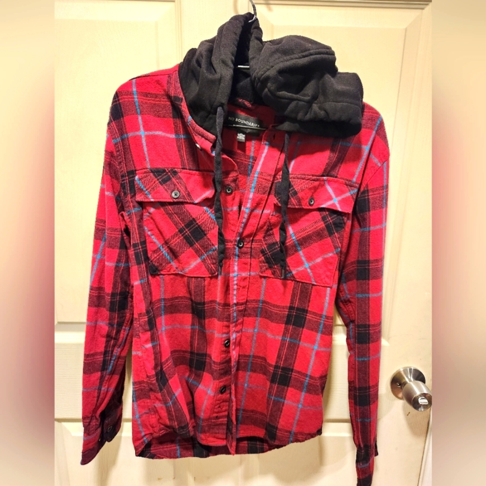 No Boundaries Red and Black Plaid Shirt with Hood